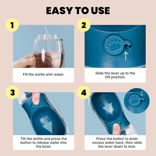 Portable Dog Water Bottle - 19 Oz, Blue - Leak-Proof Water Bowl Dispenser with Lock for Hiking, Travel & On-The-Go